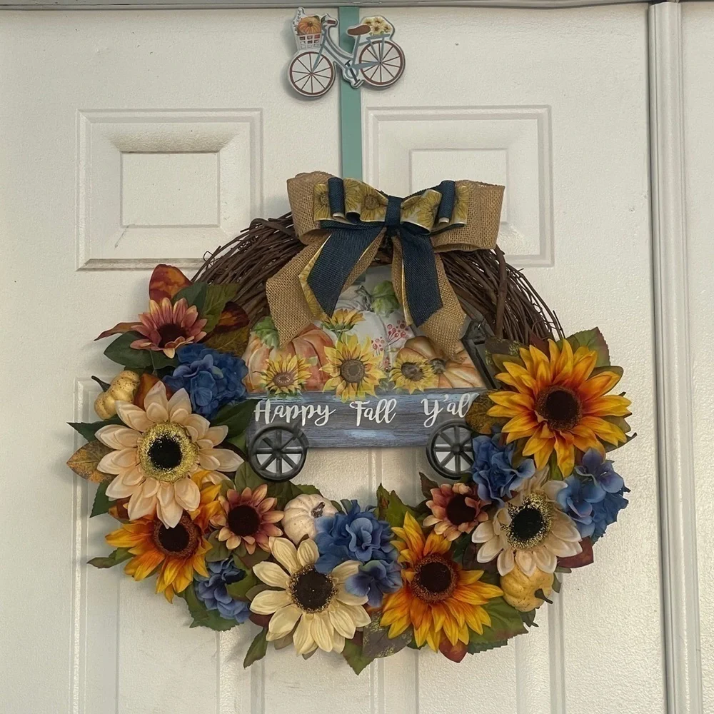 Handmade fall sunflower wreath sign says happy fall y’all 24”